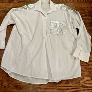 EUC Zara white long-sleeve poplin 3-button up with metallic silver trim Sz:Small